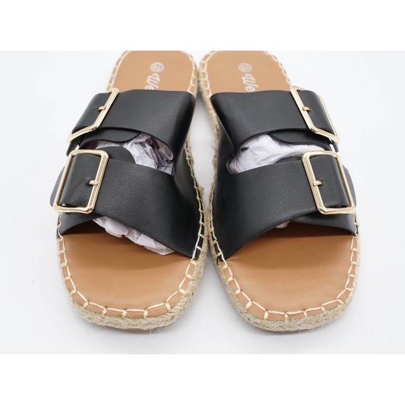 Weeboo Sandals Womens 6.5 Black Faux Leather Flat Espadrille Slides Adjustable - Picture 6 of 10